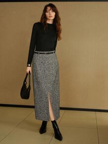 MOTF STUDIO HERRINGBONE SPLIT HEM ZIPPER SKIRT WITH BELT - Grey - View 7