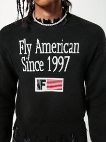 SHEIN 青少年秋装圆领长袖时尚破洞边字母毛衣简约时尚百搭针织上衣