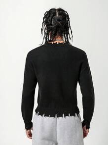 SHEIN 青少年秋装圆领长袖时尚破洞边字母毛衣简约时尚百搭针织上衣