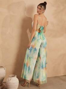 L'Amorae 女士细肩带褶饰全印花连体裤，休闲度假