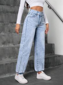 Women Washed Faded Distressed Denim Jeans With Pearl Bead Decor - Blue - View 4