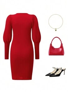 Tween Girl Fall Plain Leg-Of-Mutton Sleeve Knit Dress - Red - View 2