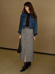 MOTF STUDIO HERRINGBONE SPLIT HEM ZIPPER SKIRT WITH BELT - Grey - View 5