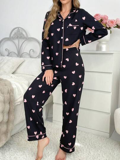 Contrast Collared Top Heart Bubble Wrinkled Women Pajama Set Cozy Elegante s, Fall Clothes view 6