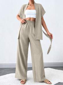 SHEIN Tall 女款純色短袖上衣與長褲兩件套，附腰帶，適合高個女性 - 米色 - 查看 4