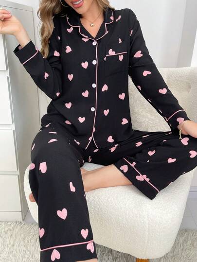 Contrast Collared Top Heart Bubble Wrinkled Women Pajama Set Cozy Elegante s, Fall Clothes view 3