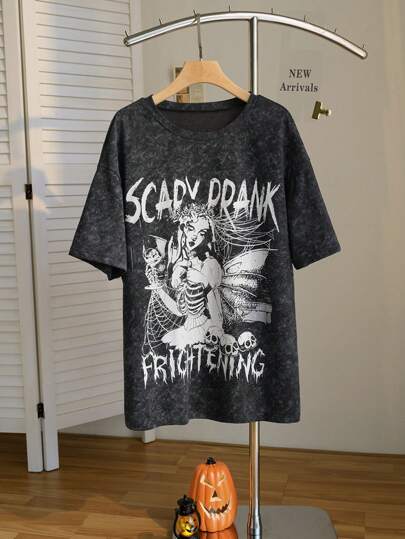 SHEIN EZwear Plus Size Skull Head & Flame Print T-Shirt, Halloween