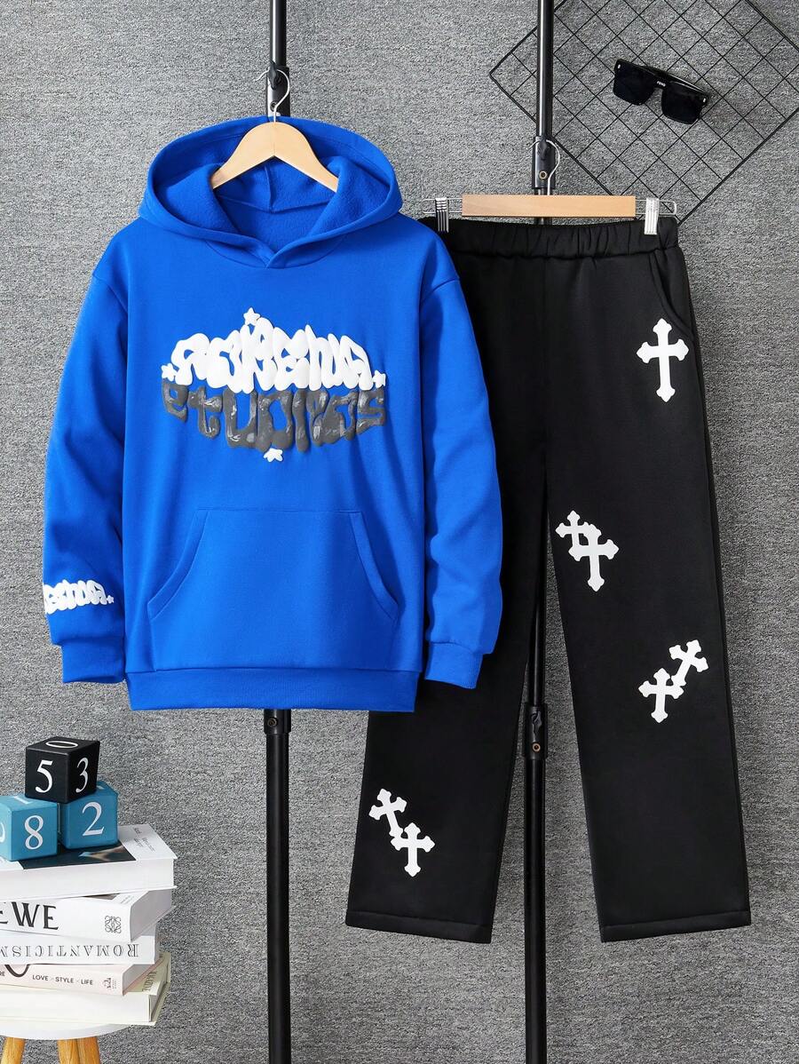 2pcs/Set New American Style Printed Hoodie & Sweatshirt Outfit, Spring & Autumn - Multicolor - View 1