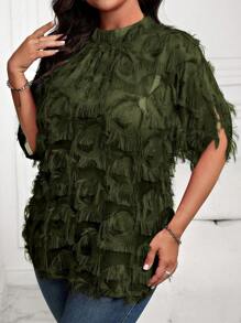 SHEIN Clasi Plus Size Solid Color Fringe Stand Collar Short Sleeve Casual Blouse - Army Green - View 4