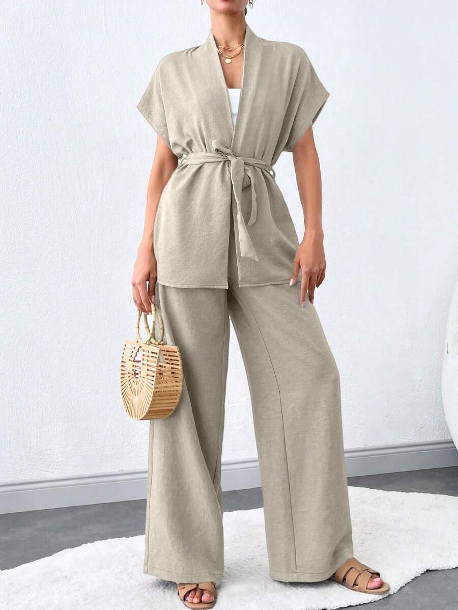 SHEIN Tall 女款純色短袖上衣與長褲兩件套,附腰帶,適合高個女性 - 米色 - 查看 1