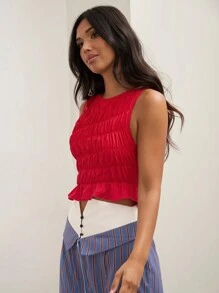 COSMINA Red Crepe Tank Top, Crepe Design, Casual Tank Top, Casual And Versatile,Women's Round Neck Sleeveless Simple Ruched, Casual Everyday - Red - View 5