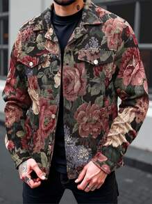 Manfinity Homme 男士花卉提花长袖休闲时尚夹克，春秋季彩色图案轻便夹克，适合朋友、丈夫、男朋友的礼物 - 彩色 - 查看 4