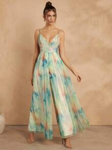 L'Amorae 女士细肩带褶饰全印花连体裤，休闲度假