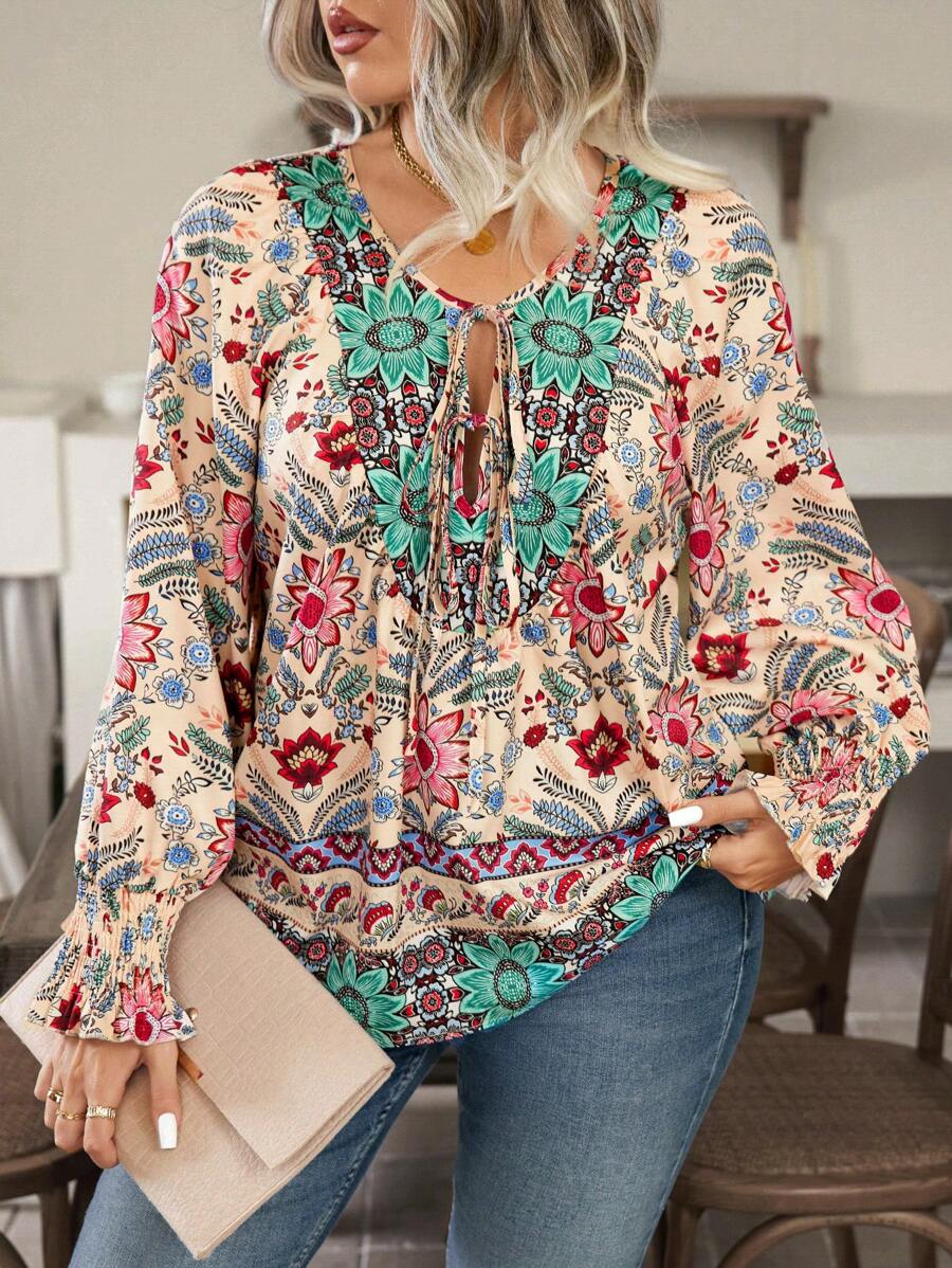 大码花卉印花度假休闲衬衫荷叶边上衣 - 彩色 - 查看 1