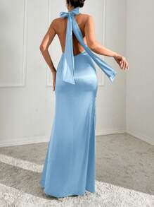 EURMUSE Women's Solid Color Halter Neck Backless Dress , Baby Blue Satin Dress , Open Back Dress