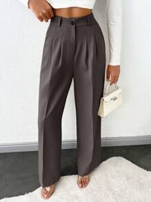 SHEIN Tall Tall Women's High Waist  Detail Wide Leg Suit Pants - Dark Grey - View 5