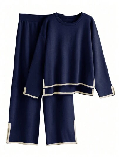 GAOVOT Women's Sweater Two Pieces Simple Loose Casual Color Contrast Round Neck Long Sleeve Sweater And Loose Wide Leg Straight Pant Suit