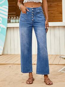 EMERY ROSE Women's Loose Fitting 7/8 Length Straight Leg Casual Blue Denim Jeans - Medium Wash - View 6