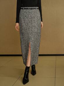 MOTF STUDIO HERRINGBONE SPLIT HEM ZIPPER SKIRT WITH BELT - Grey - View 4
