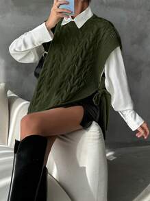 EURMUSE 女士纯色圆领抽绳休闲毛衣背心 - 軍綠色 - 查看 5