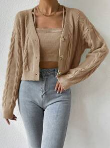 EMERY ROSE 2 件纯色细肩带背心和正面纽扣休闲长袖夹克套装