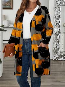 EMERY ROSE 休闲简约万圣节元素宽松中长款开衫长袖女款常规轻便夹克