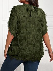 SHEIN Clasi Plus Size Solid Color Fringe Stand Collar Short Sleeve Casual Blouse - Army Green - View 2
