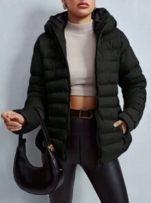 EURMUSE Cappotto imbottito con chiusura lampo frontale, maniche lunghe, minimalista con cappuccio per le donne - nero - Visualizzare 5