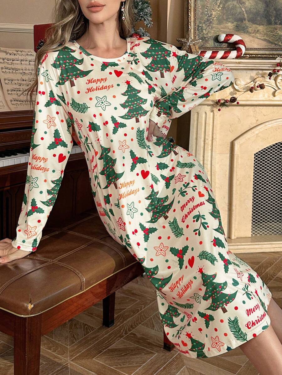 Festive Christmas Tree Pattern Print Long Sleeve Women's T-Shirt Nightgown - Multicolor - View 1