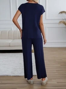 2pcs Set Women Solid Color Minimalist Sleeveless Sweater And Wide Leg Pants - Navy Blue - View 2