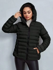 EURMUSE Cappotto imbottito con chiusura lampo frontale, maniche lunghe, minimalista con cappuccio per le donne - nero - Visualizzare 4
