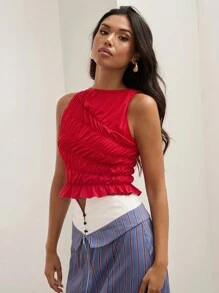 COSMINA Red Crepe Tank Top, Crepe Design, Casual Tank Top, Casual And Versatile,Women's Round Neck Sleeveless Simple Ruched, Casual Everyday - Red - View 6