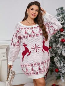SHEIN Essnce Plus Size Ciepły Jeleń i Choinka Nadruk Dzianinowy Luźny Długi Rękaw Sweter Mini Sukienka Na Jesień/Zimę