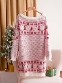 SHEIN Essnce Plus Size Ciepły Jeleń i Choinka Nadruk Dzianinowy Luźny Długi Rękaw Sweter Mini Sukienka Na Jesień/Zimę