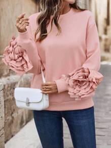 EMERY ROSE Women's Casual Raglan Sleeve Floral Embroidered Pullover Fall Sweatshirt - Pink - View 5