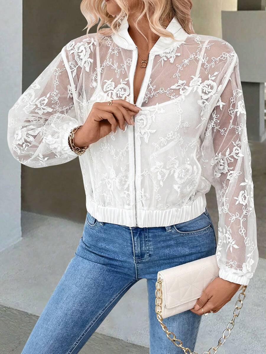Chiquease Spring Summer High-End Embroidered Mesh Sheer Casual Loose Baseball Unisex Jacket Fall Cloth For Women - White - View 1