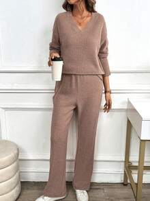 SHEIN LUNE Bộ 2 áo thun dài tay cổ chữ V trễ vai màu trơn và quần thường ngày cho nữ, mùa xuân và mùa hè - Màu Khaki - Xem 4