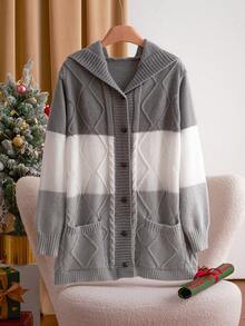 SHEIN Essnce Áo len cardigan cổ lọ dệt kim rộng màu Giáng sinh cỡ lớn, mùa thu/đông - Xám - Xem 10