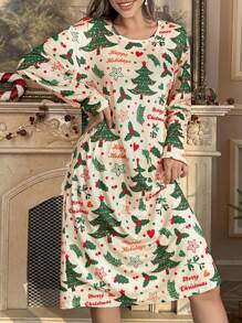 Festive Christmas Tree Pattern Print Long Sleeve Women's T-Shirt Nightgown - Multicolor - View 3