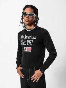 SHEIN 青少年秋装圆领长袖时尚破洞边字母毛衣简约时尚百搭针织上衣