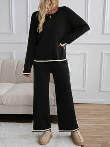 2pcs Women Knitted Sweater & Pants Set, Casual Contrast Color Knit Tops & Trousers Suit, Autumn/Winter