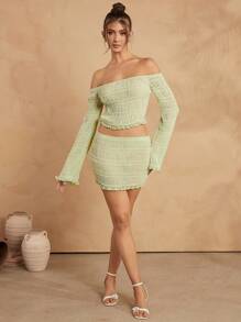 L'Amorae Texture Off Shoulder Bell Sleeve Top & Skirt Set - Green - View 6