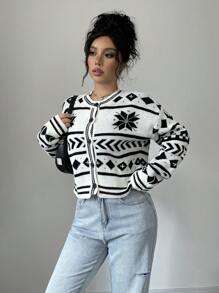 Chiquease 女式前扣长袖图案休闲上衣 - 黑與白 - 查看 4
