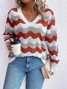 SHEIN LUNE Áo len sọc rỗng cổ chữ V dài tay cỡ lớn thường ngày - trái cam - Xem 7
