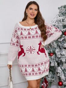 SHEIN Essnce Plus Size Ciepły Jeleń i Choinka Nadruk Dzianinowy Luźny Długi Rękaw Sweter Mini Sukienka Na Jesień/Zimę