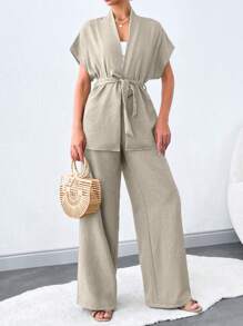 SHEIN Tall 女款純色短袖上衣與長褲兩件套，附腰帶，適合高個女性 - 米色 - 查看 5