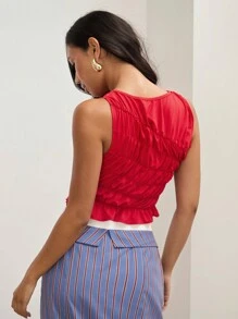 COSMINA Red Crepe Tank Top, Crepe Design, Casual Tank Top, Casual And Versatile,Women's Round Neck Sleeveless Simple Ruched, Casual Everyday - Red - View 2