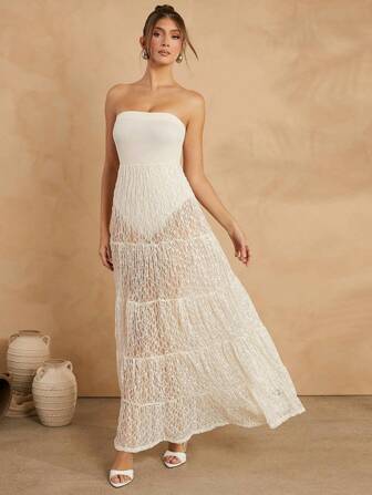 L'Amorae 女士纯色抹胸褶饰网眼拼接迷你连衣裙，休闲假日