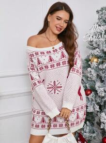 SHEIN Essnce Plus Size Ciepły Jeleń i Choinka Nadruk Dzianinowy Luźny Długi Rękaw Sweter Mini Sukienka Na Jesień/Zimę