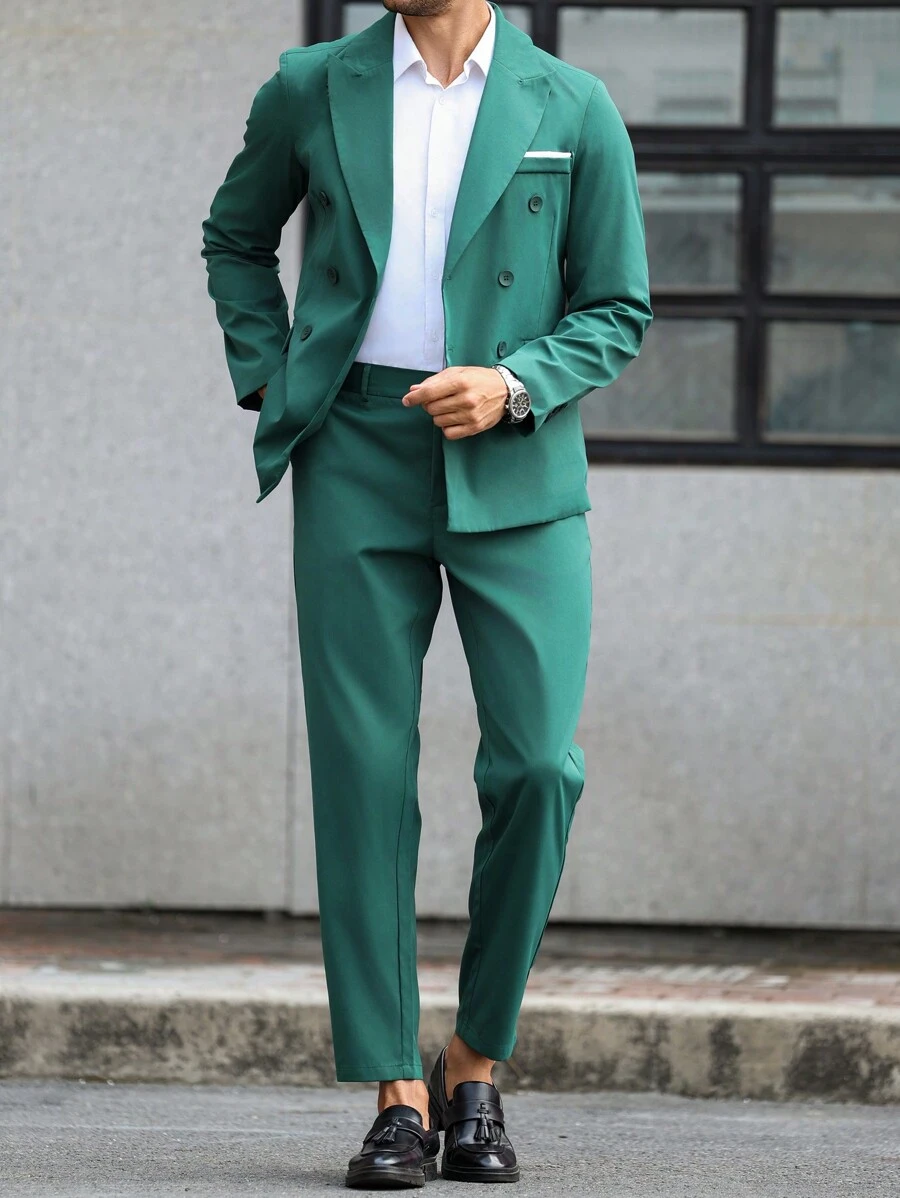 Manfinity Mode Men's Lapel Neck Long Sleeve Button-Up Shirt And Pants Set - Dark Green - View 1